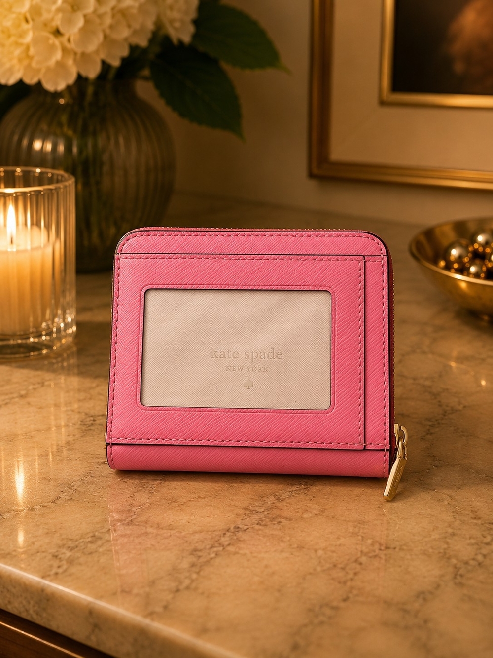 kate spade Pink Saffiano Compact Bifold Zip Around Wallet with Gold Logo - Picture 2 of 6